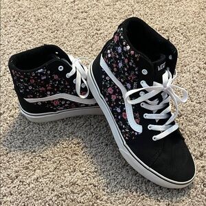 Vans Women's Black Pink Floral High-Top Sneakers, euro38, missy 6.0=women’s 7.5